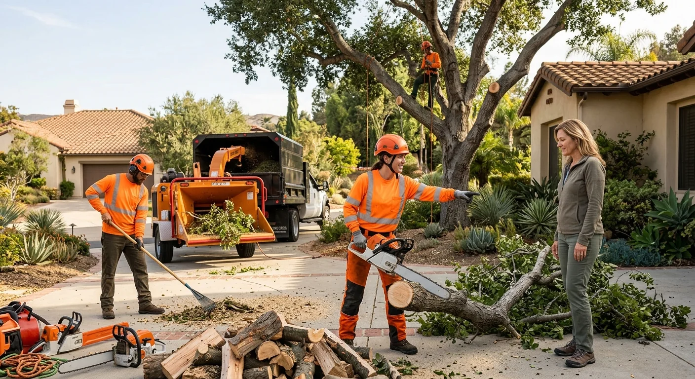 Tree service crew caring for a mature oak in a Thousand Oaks yard