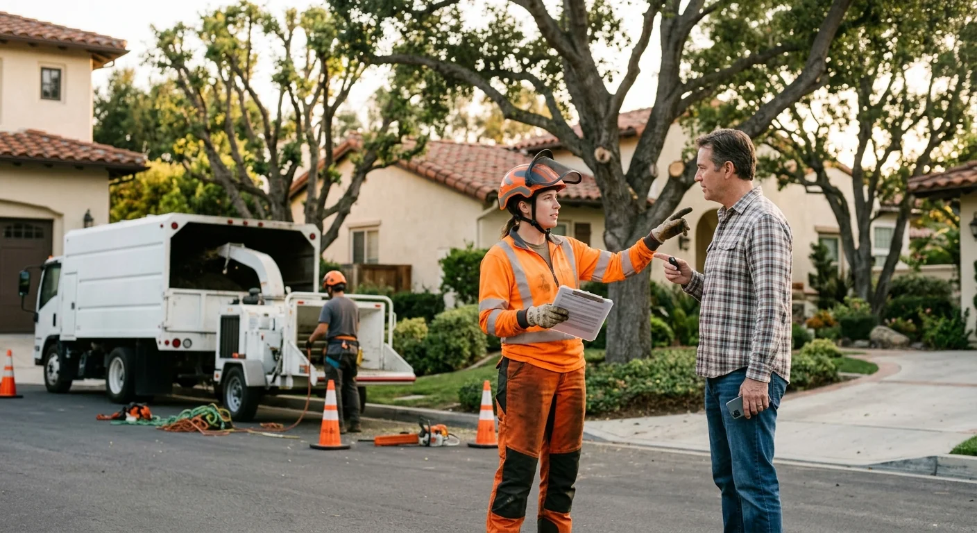 Homeowner reviewing a tree trimming plan with a local arborist outdoors