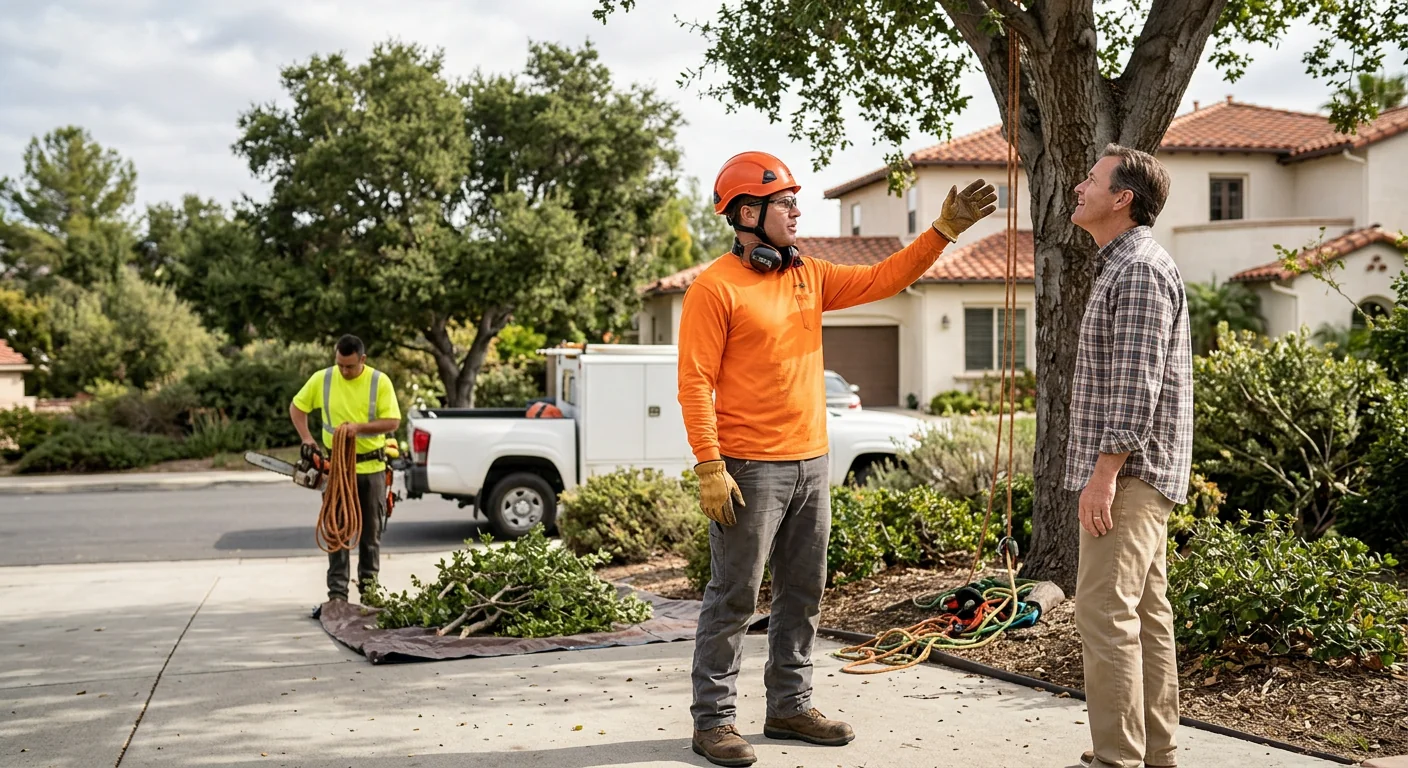 Arborist inspecting a storm-damaged oak canopy on a Thousand Oaks residential property