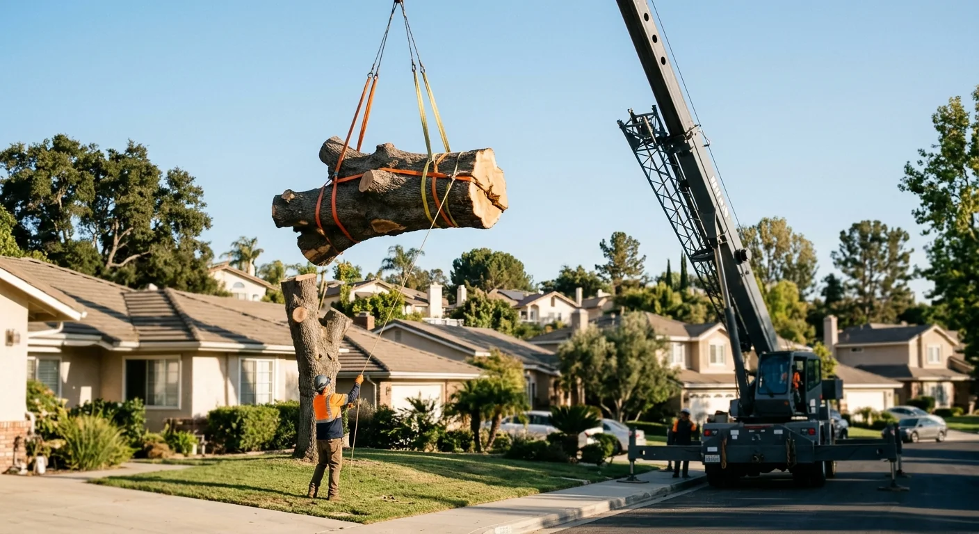 Crane lifting a large cut tree section over rooftops during a removal job